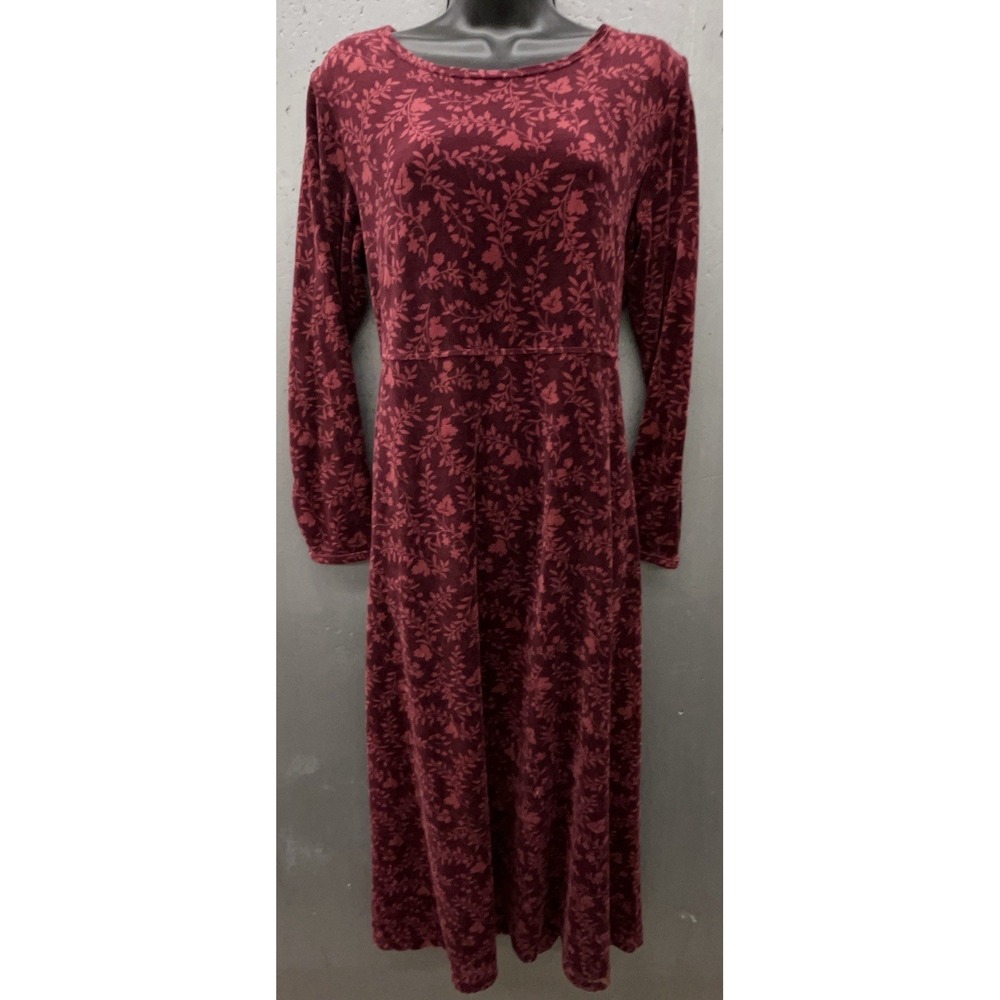 LLā Bean Velvet Dress Small Pet Red Wine Floral Long Sleeve Coastal Grandma Prep